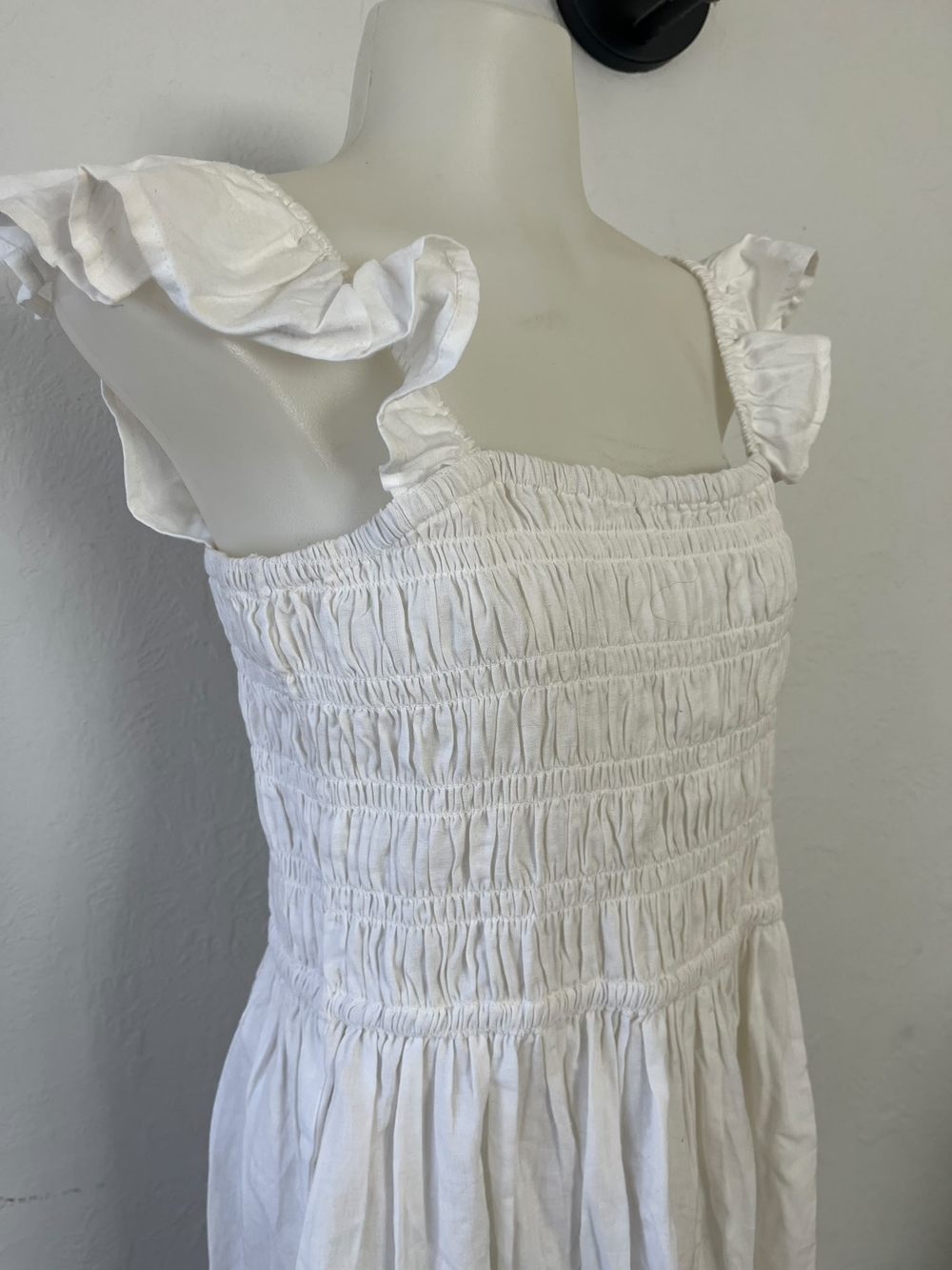Smocked White Maxi Dress with Ruffle Shoulder Straps - Picture 3 of 7